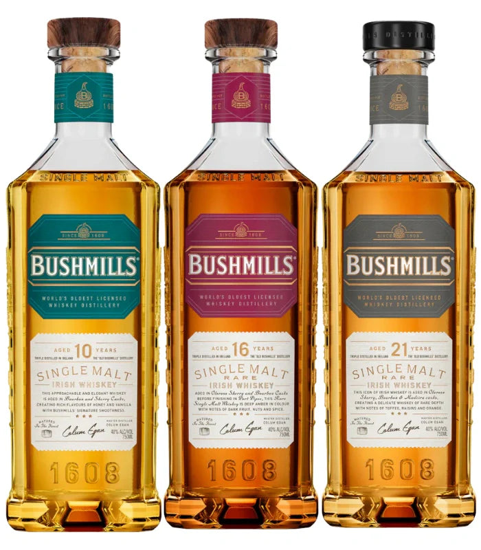 Bushmills 10, 16, 21 Year Single Malt Irish Whiskey Bundle 750mL